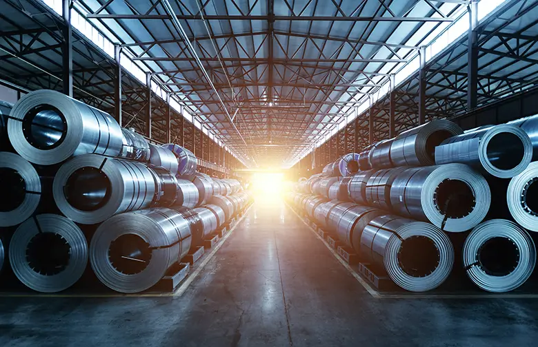 Rolls of sheet metal stored in a modern warehouse with sunlight shining through, representing industrial metal fabrication.