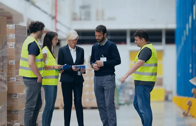 Team discussing ERP implementation strategy in a warehouse environment—enhancing operations in manufacturing and supply chain with SYSPRO solutions.