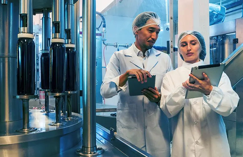 Food manufacturing workers using ERP software on tablets during beverage production
