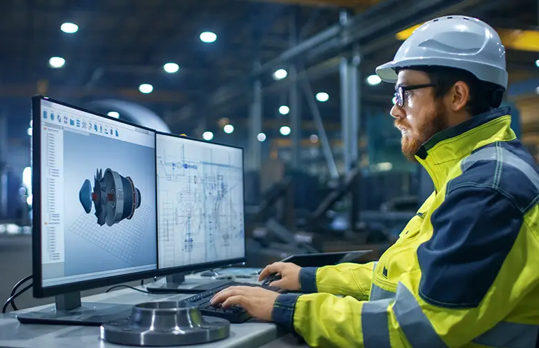 Engineer using ERP software to generate quick and accurate RFQs for industrial machinery