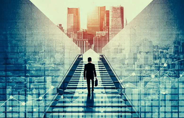 Business professional walking up stairs toward a modern city skyline, symbolizing growth, resilience, and economic stability.