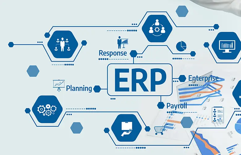 Illustration of modern ERP system components including planning, response, enterprise, payroll, and workflow icons, representing how manufacturers prepare their digital foundation for 2026.